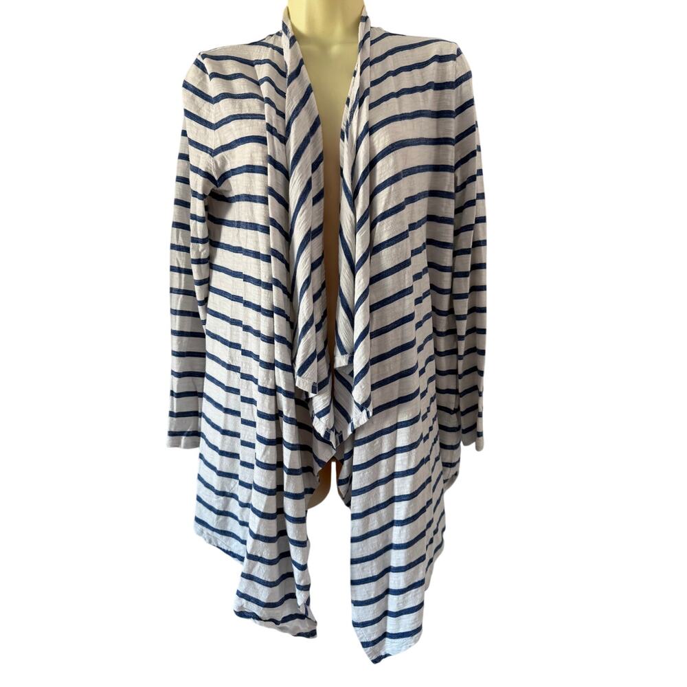 SOMA White & Blue Striped Knit Cardigan Top Waterfall Open Front Size Small